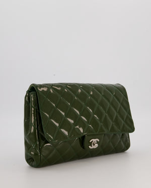Chanel Olive Green Patent Shoulder Classic Single Flap Clutch Bag with Silver Hardware