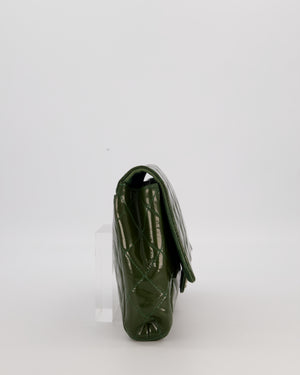 Chanel Olive Green Patent Shoulder Classic Single Flap Clutch Bag with Silver Hardware