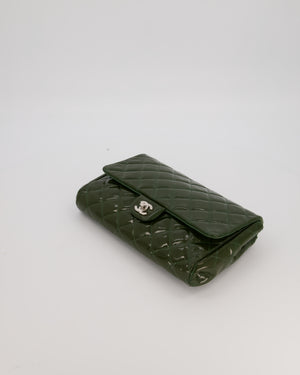 Chanel Olive Green Patent Shoulder Classic Single Flap Clutch Bag with Silver Hardware