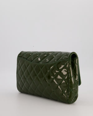 Chanel Olive Green Patent Shoulder Classic Single Flap Clutch Bag with Silver Hardware