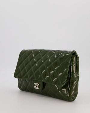 Chanel Olive Green Patent Shoulder Classic Single Flap Clutch Bag with Silver Hardware