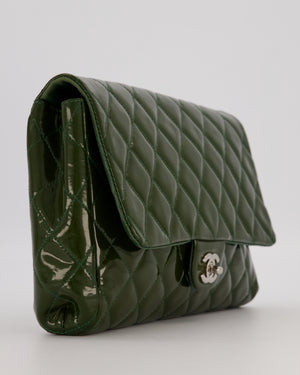 Chanel Olive Green Patent Shoulder Classic Single Flap Clutch Bag with Silver Hardware