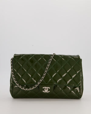 Chanel Olive Green Patent Shoulder Classic Single Flap Clutch Bag with Silver Hardware
