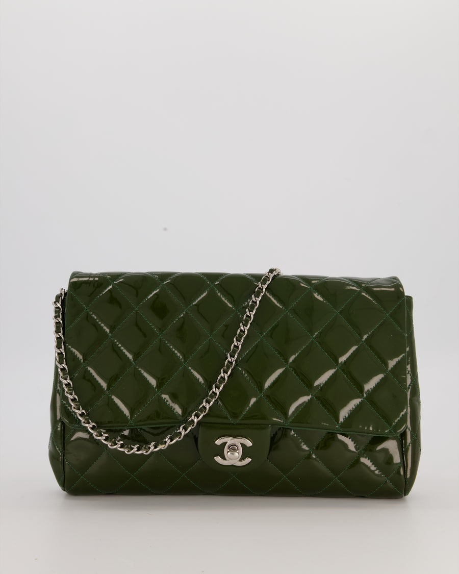 Chanel Olive Green Patent Shoulder Classic Single Flap Clutch Bag with Silver Hardware