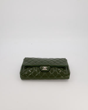Chanel Olive Green Patent Shoulder Classic Single Flap Clutch Bag with Silver Hardware