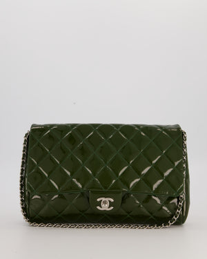 Chanel Olive Green Patent Shoulder Classic Single Flap Clutch Bag with Silver Hardware
