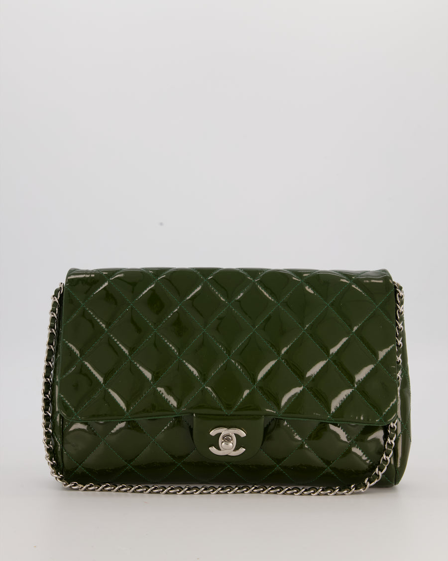 Chanel Olive Green Patent Shoulder Classic Single Flap Clutch Bag with Silver Hardware