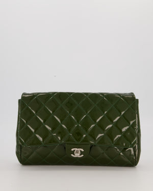 Chanel Olive Green Patent Shoulder Classic Single Flap Clutch Bag with Silver Hardware