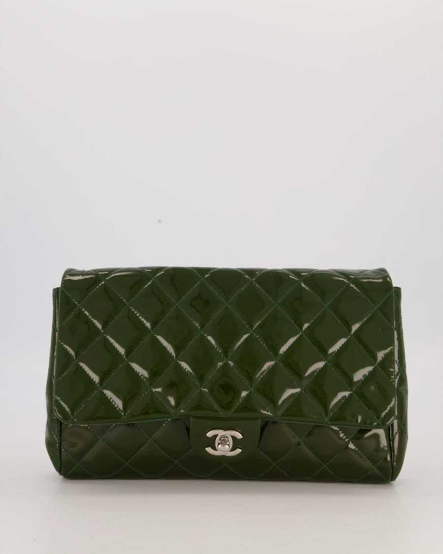 Chanel Olive Green Patent Shoulder Classic Single Flap Clutch Bag with Silver Hardware