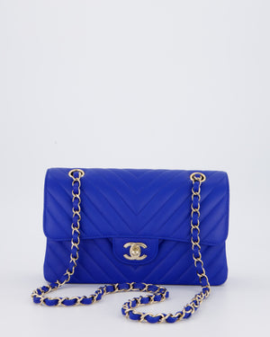 *RARE* Chanel Electric Blue Small Classic Double Flap Bag in Chevron Caviar Leather with Champagne Gold Hardware