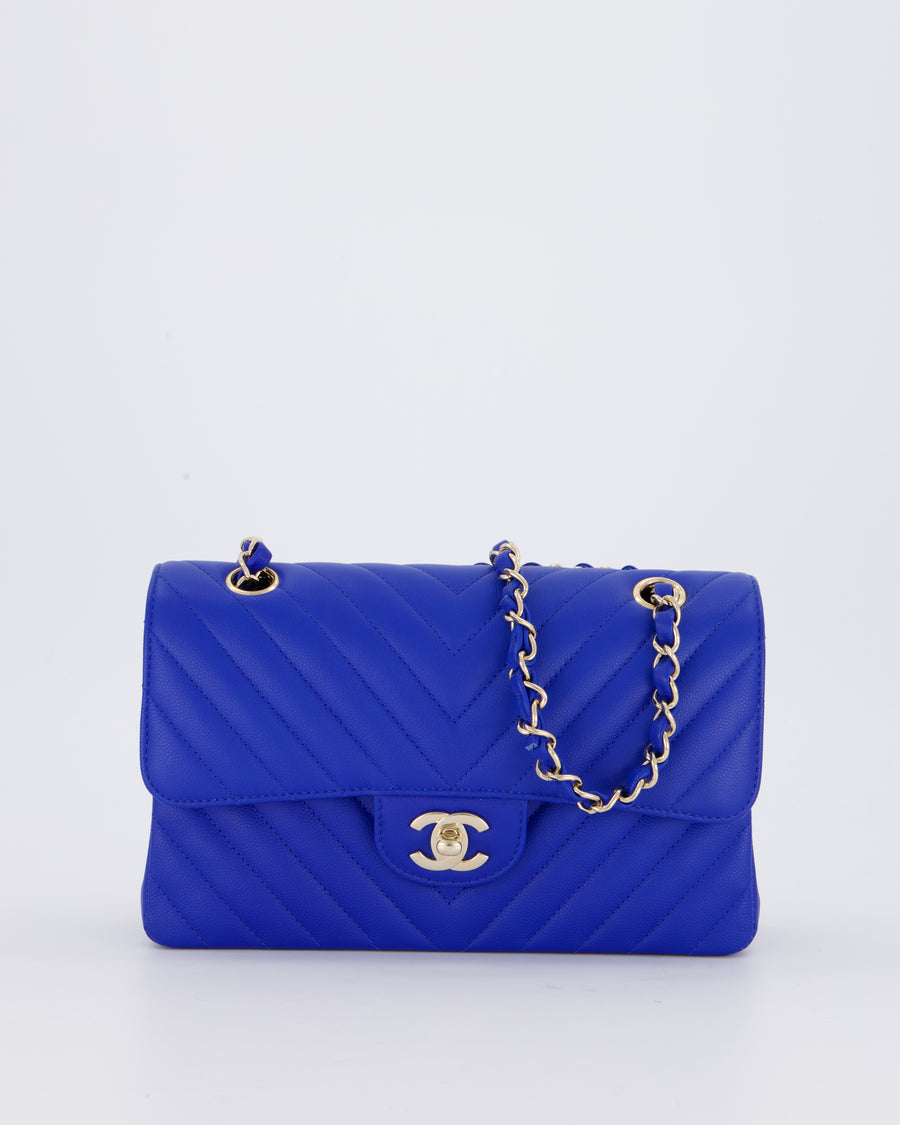 *RARE* Chanel Electric Blue Small Classic Double Flap Bag in Chevron Caviar Leather with Champagne Gold Hardware