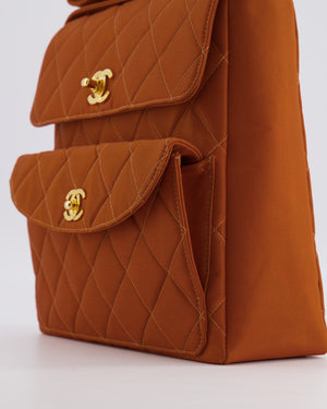 Chanel Vintage Caramel Orange Nylon Quilted Double Pocket Shoulder Bag with 24K Gold Hardware