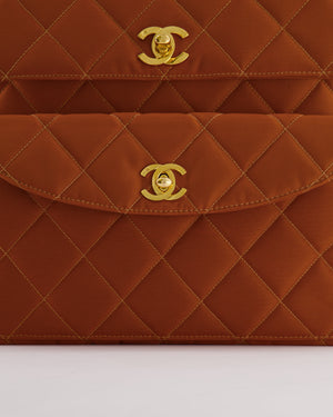 Chanel Vintage Caramel Orange Nylon Quilted Double Pocket Shoulder Bag with 24K Gold Hardware