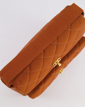 Chanel Vintage Caramel Orange Nylon Quilted Double Pocket Shoulder Bag with 24K Gold Hardware