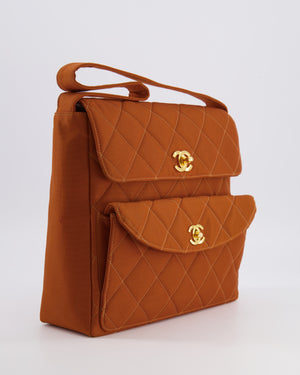 Chanel Vintage Caramel Orange Nylon Quilted Double Pocket Shoulder Bag with 24K Gold Hardware