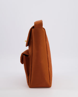 Chanel Vintage Caramel Orange Nylon Quilted Double Pocket Shoulder Bag with 24K Gold Hardware