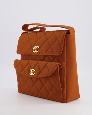 Chanel Vintage Caramel Orange Nylon Quilted Double Pocket Shoulder Bag with 24K Gold Hardware