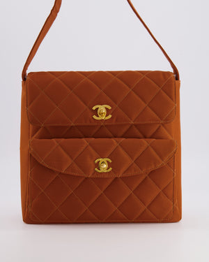 Chanel Vintage Caramel Orange Nylon Quilted Double Pocket Shoulder Bag with 24K Gold Hardware