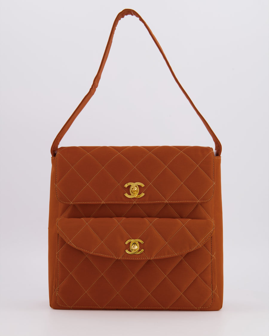 Chanel Vintage Caramel Orange Nylon Quilted Double Pocket Shoulder Bag with 24K Gold Hardware