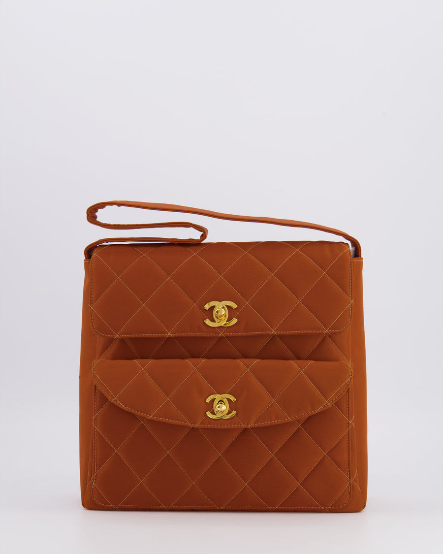 Chanel Vintage Caramel Orange Nylon Quilted Double Pocket Shoulder Bag with 24K Gold Hardware