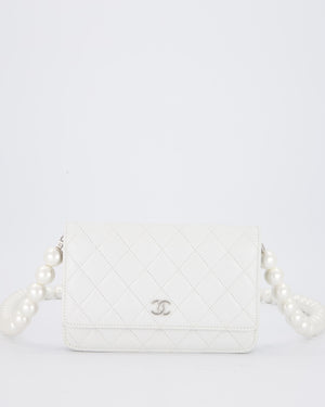 Chanel Pearlescent White Wallet on Chain Bag in Quilted Lambskin Leather with Silver Hardware & Pearl Strap Detail
