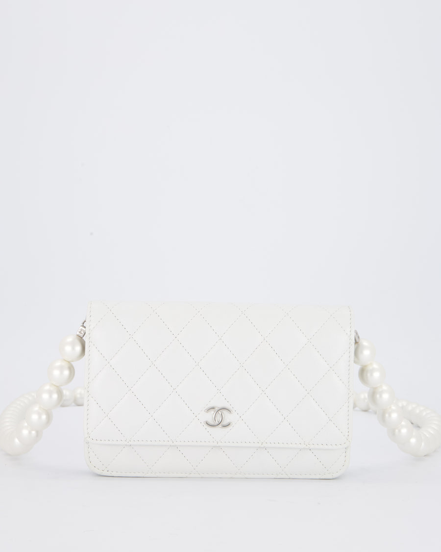 Chanel Pearlescent White Wallet on Chain Bag in Quilted Lambskin Leather with Silver Hardware & Pearl Strap Detail