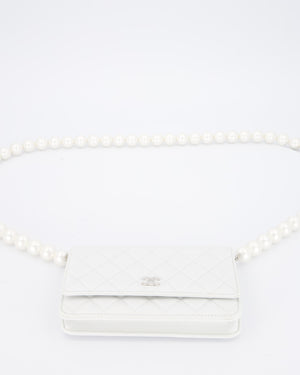 Chanel Pearlescent White Wallet on Chain Bag in Quilted Lambskin Leather with Silver Hardware & Pearl Strap Detail