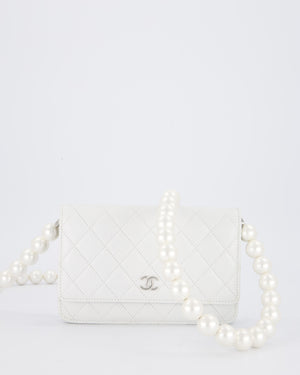 Chanel Pearlescent White Wallet on Chain Bag in Quilted Lambskin Leather with Silver Hardware & Pearl Strap Detail