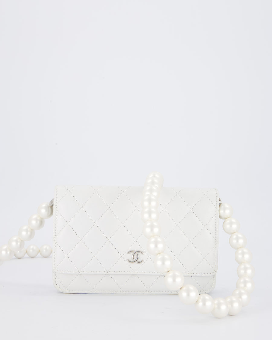 Chanel Pearlescent White Wallet on Chain Bag in Quilted Lambskin Leather with Silver Hardware & Pearl Strap Detail