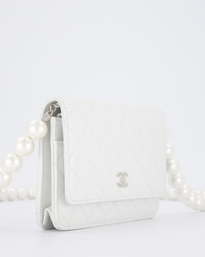 Chanel Pearlescent White Wallet on Chain Bag in Quilted Lambskin Leather with Silver Hardware & Pearl Strap Detail