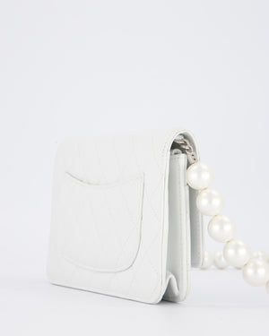 Chanel Pearlescent White Wallet on Chain Bag in Quilted Lambskin Leather with Silver Hardware & Pearl Strap Detail