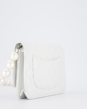 Chanel Pearlescent White Wallet on Chain Bag in Quilted Lambskin Leather with Silver Hardware & Pearl Strap Detail