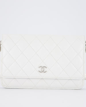 Chanel Pearlescent White Wallet on Chain Bag in Quilted Lambskin Leather with Silver Hardware & Pearl Strap Detail