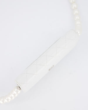 Chanel Pearlescent White Wallet on Chain Bag in Quilted Lambskin Leather with Silver Hardware & Pearl Strap Detail