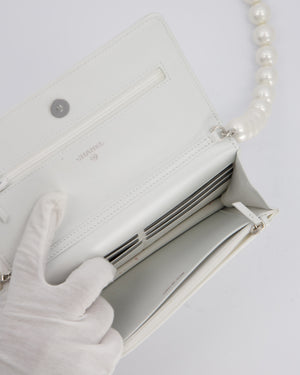 Chanel Pearlescent White Wallet on Chain Bag in Quilted Lambskin Leather with Silver Hardware & Pearl Strap Detail