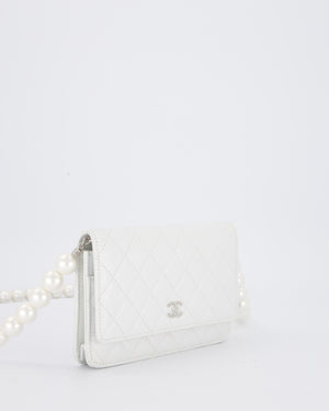 Chanel Pearlescent White Wallet on Chain Bag in Quilted Lambskin Leather with Silver Hardware & Pearl Strap Detail