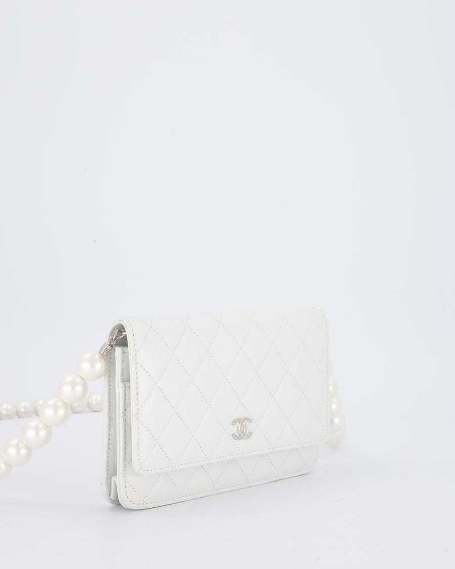 Chanel Pearlescent White Wallet on Chain Bag in Quilted Lambskin Leather with Silver Hardware & Pearl Strap Detail