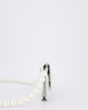 Chanel Pearlescent White Wallet on Chain Bag in Quilted Lambskin Leather with Silver Hardware & Pearl Strap Detail