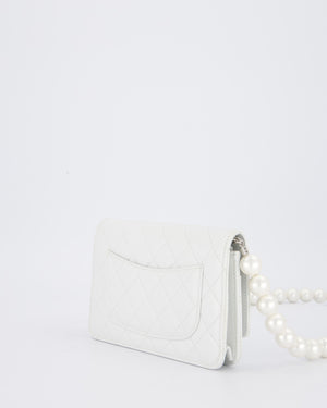 Chanel Pearlescent White Wallet on Chain Bag in Quilted Lambskin Leather with Silver Hardware & Pearl Strap Detail
