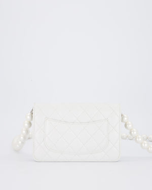 Chanel Pearlescent White Wallet on Chain Bag in Quilted Lambskin Leather with Silver Hardware & Pearl Strap Detail
