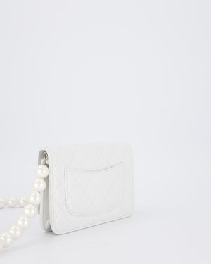Chanel Pearlescent White Wallet on Chain Bag in Quilted Lambskin Leather with Silver Hardware & Pearl Strap Detail
