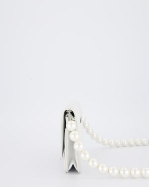 Chanel Pearlescent White Wallet on Chain Bag in Quilted Lambskin Leather with Silver Hardware & Pearl Strap Detail