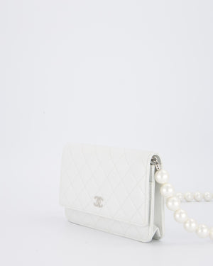 Chanel Pearlescent White Wallet on Chain Bag in Quilted Lambskin Leather with Silver Hardware & Pearl Strap Detail