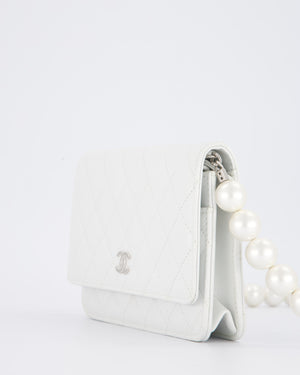 Chanel Pearlescent White Wallet on Chain Bag in Quilted Lambskin Leather with Silver Hardware & Pearl Strap Detail
