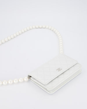 Chanel Pearlescent White Wallet on Chain Bag in Quilted Lambskin Leather with Silver Hardware & Pearl Strap Detail