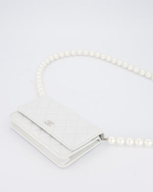 Chanel Pearlescent White Wallet on Chain Bag in Quilted Lambskin Leather with Silver Hardware & Pearl Strap Detail