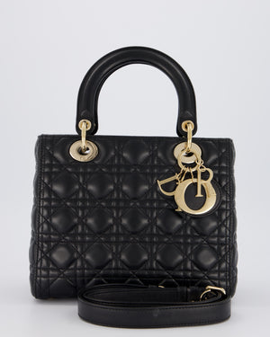 Christian Dior Black Medium Lady Dior Bag in Lambskin Leather with Gold Hardware