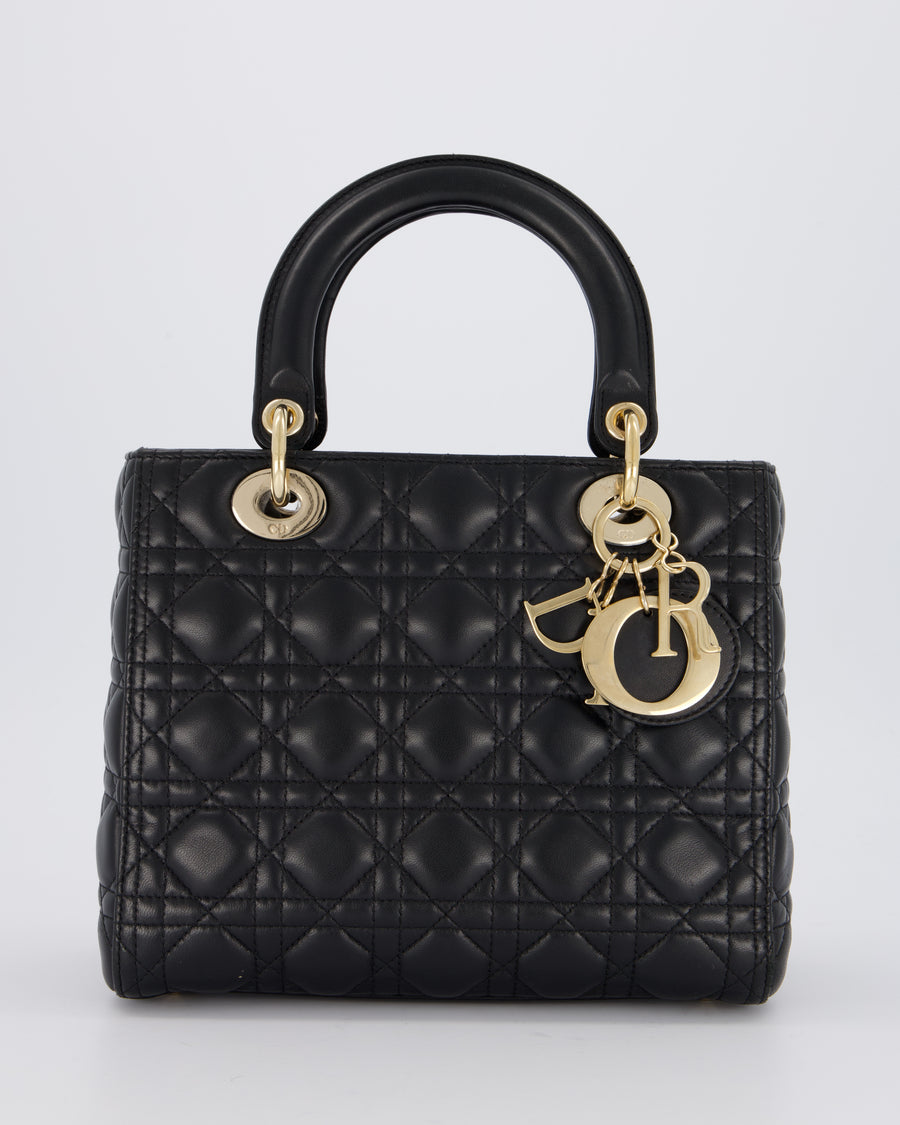 Christian Dior Black Medium Lady Dior Bag in Lambskin Leather with Gold Hardware
