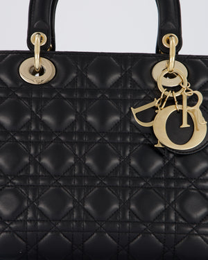 Christian Dior Black Medium Lady Dior Bag in Lambskin Leather with Gold Hardware