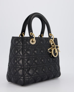 Christian Dior Black Medium Lady Dior Bag in Lambskin Leather with Gold Hardware